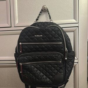 MZ Wallace Small Black Quilted Backpack with Chain Strap
